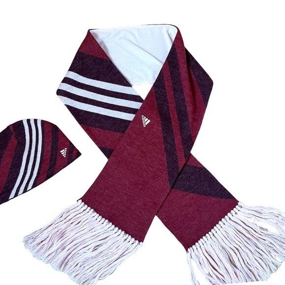Adidas Striped Fringe Scarf and Matching Beanie Set in Maroon - Picture 2 of 16